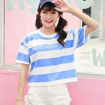 

Harajuku Stripe Printed Shirts Summer Women Casual Loose Short Sleeve Tee Tops