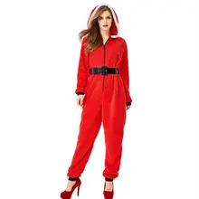 Взрослый Рождественский костюм эльфа, женский красный бархатный комбинезон с капюшоном, пижама, новогодний праздничный костюм, нарядное платье для леди размера плюс