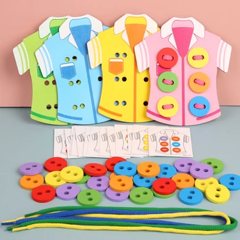 

2020 New Montessori Educational Wooden Toy Children DIY Wear Clothes Rope Sewing Button Parent-Children Game Toys For Kids