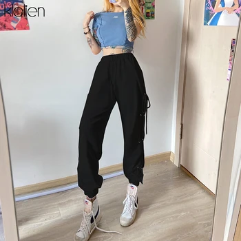 

KLALIEN fashion casual high street Drawstring loose cotton pants women autumn new high waist sports style bandage Cross-pants