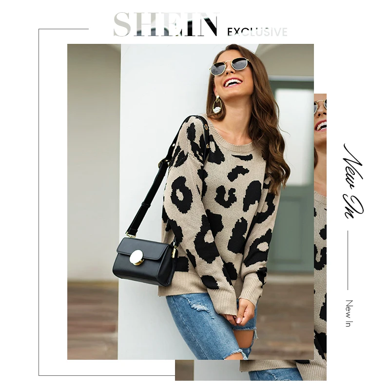 SHEIN зимний Повседневный свитер с леопардовым принтом для женщин, осень, уличная одежда с круглым вырезом и длинным рукавом, однотонные Женские базовые свитера