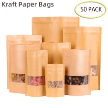 Sacos de papel kraft com fecho, 50 peças, marrom com janela, com alça retrátil, bolsas ziplock, chá, grãos de café, embalagens de alimentos