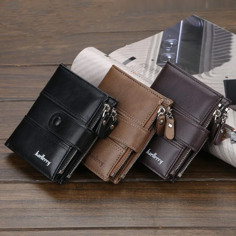 

Men Double Zipper Short Wallet Vintage Hasp Multi-card Card Holder 3 Fold Men Fashion Coin Bag Natural PU Leather Carteira Solid