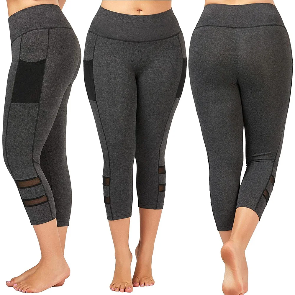 

Women Summer Mid-Calf Leggings Fitness Pants Slim Yoga Pants With Pocket Mesh Patchwork Leggings Mid Wasit Legging Plus Size