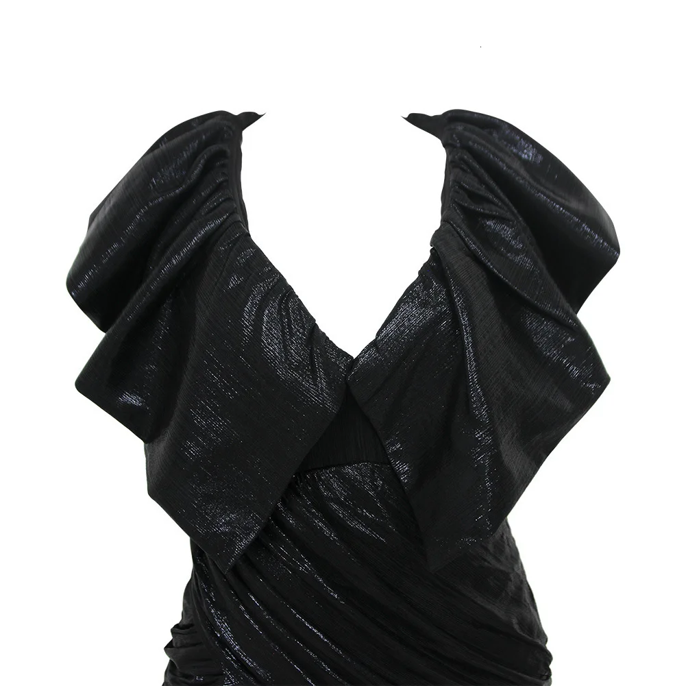 BGW глубокий Vneck Короткие рукава с рюшами Черные Мини коктейльные платья на молнии сзади Vestidos Para Coctel