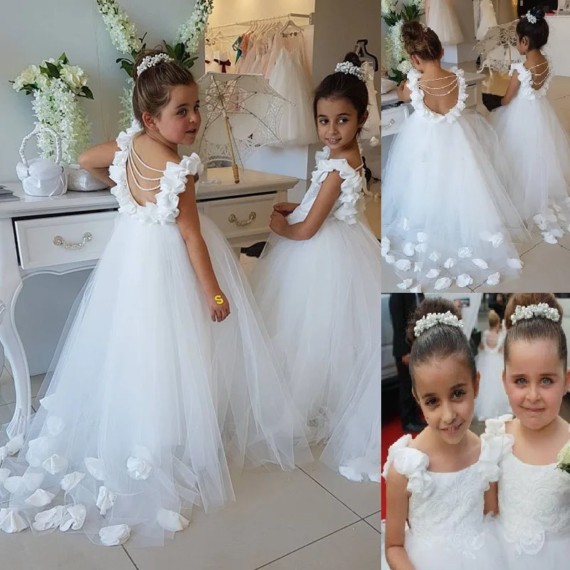 

Formal Pearls Backless Kids Flower Girl Dresses For Wedding Sweep Train Girl's Princess Birthday Party First Communion Gowns