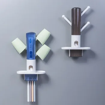 

1 Set Suction Wall Toothbrush Holder Automatic Squeeze + 4pcs cups Toothpaste Dispenser Toothbrush Toothpaste Cup Bathroom Tools