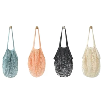 

Portable/Reusable/Washable Cotton Mesh String Organizer Shopping Handbag Long Handle Net Tote (Multicolor) 4 Packs