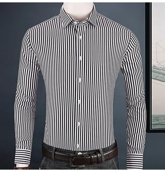Men's Non-Iron Long-Sleeve Striped Dress Shirt Pocketless Design Comfortable 100% Cotton Business Casual Standard-fit Shirts