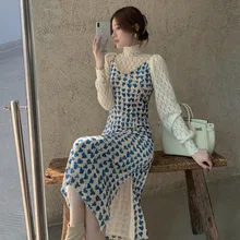 

Two Pieces Set Dresses Women alf high neck lace bottoming shirt-Sling Split fork Dress2021Spring and Autumn LadiesOffice Dress