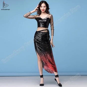 

Women Belly Dance Practice Clothes Hip Scarf Top Long Sleeves Sparkling Sequins Costume Fashion Belt Top 2pcs Performance