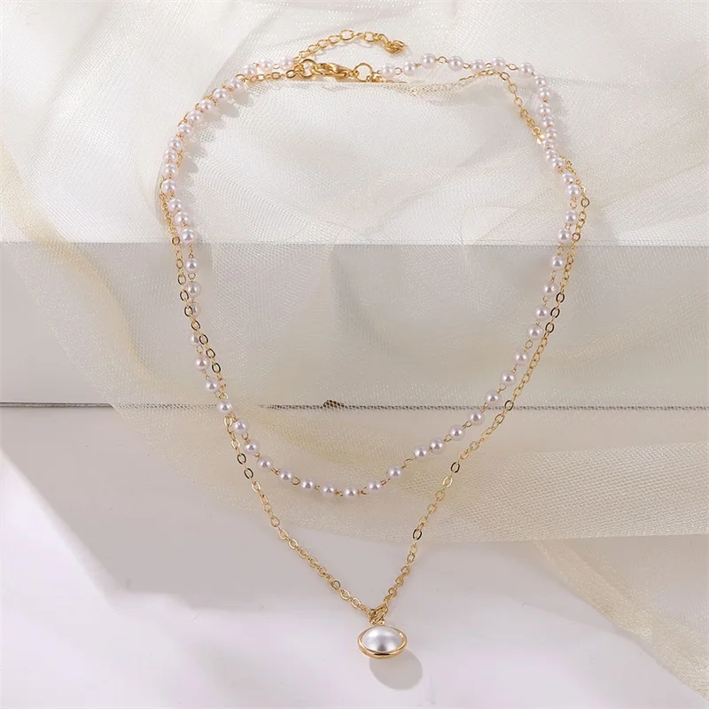 Vienkim 2020 New Double Layer Chain Gold Color Choker Necklace Women Korean Style Pearl Pendant Necklace Fashion Jewelry Collar
