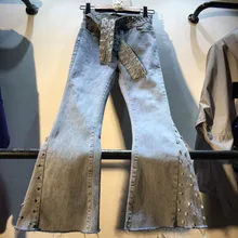 Европейские расклешенные женские джинсы длиной до щиколотки, стразы, джинсовые штаны стрейч, винтажные брюки, модная уличная одежда, осень