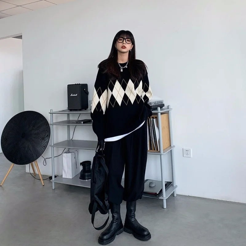

Women Pullover Retro Ringge Sweater Top 2023 Winter New Lazy Wallery Round Neck Design Needle Long Sleeve Casual Sweater