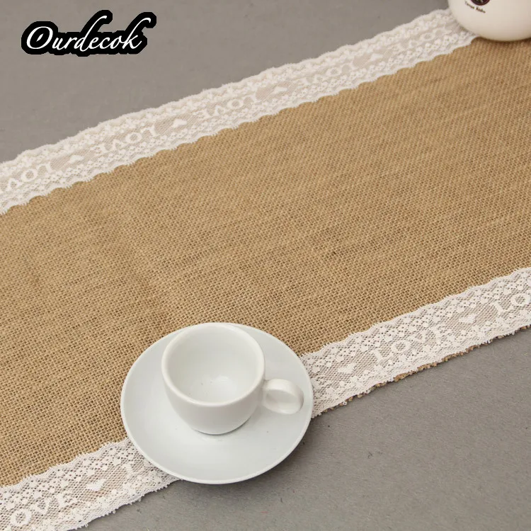 OurDecor 30x275 см винтажная Мешковина кружево любовь вышивка гессийский настольный бегун натуральный джут страна вечерние свадебные украшения