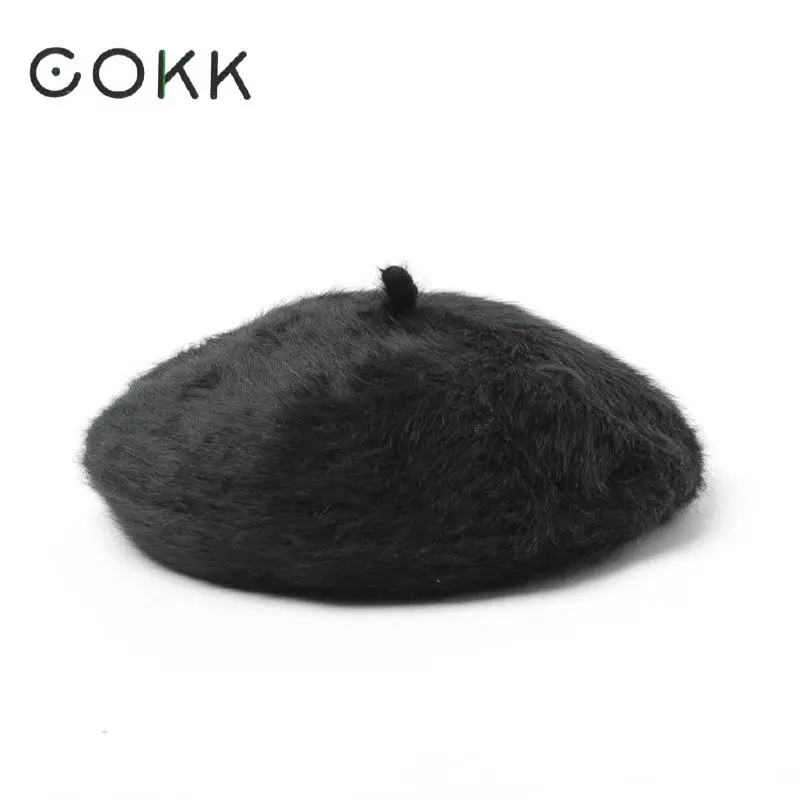 COKK Черный берет Женская шапка с кроличьим мехом толстые теплые шапки для женщин плоская шапка Chapeau Femme французская шапка женская высокое качество