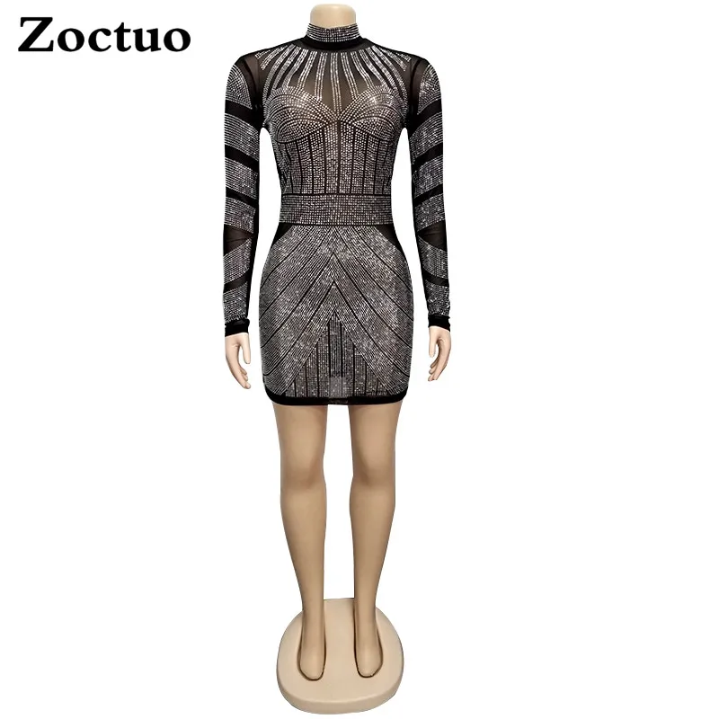 Goede Zoctuo Vrouwen Mode Diamonds Lange Mouwen Midden Taille Coltrui Perspectief Night Club Jurk 2019 Lente