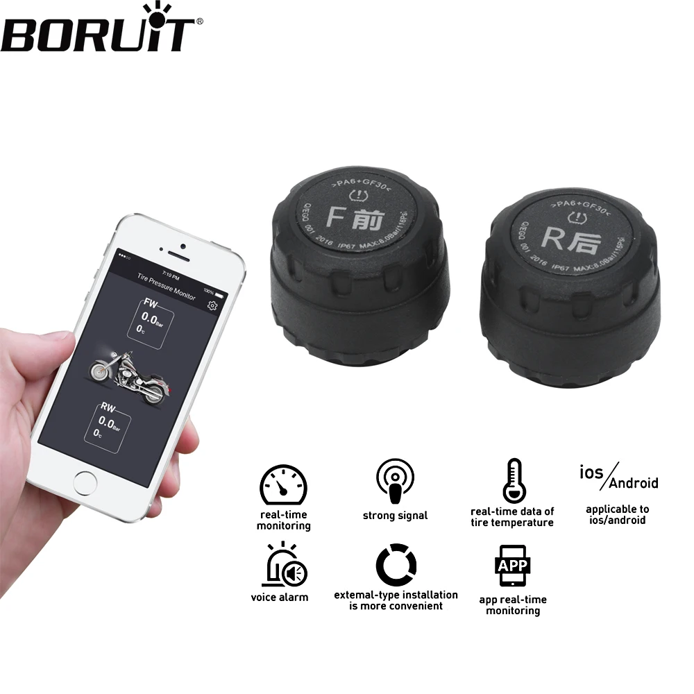 

BORUiT Motorcycle Bluetooth Tire Pressure Monitoring System TPMS Mobile Phone APP Detection 2 External Sensors for IOS Android