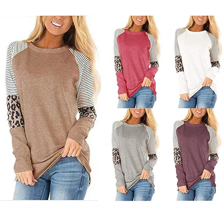 Осень, женские леопардовые футболки, модные полосатые Лоскутные женские футболки с длинным рукавом и круглым вырезом, уличная одежда, пуловеры, топы, футболки