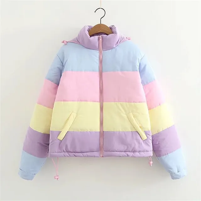 US $17.25 2019 Women Winter Coat Oversize Parkas Short Casual Warm Jacket Striped Winter Clothing Rainbow Str