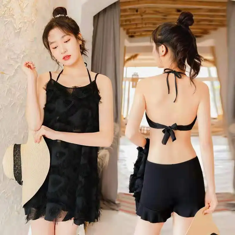 Swimsuit Women Bikini Three-piece Suit Small Fragrance Sexy Split Swimsuit With Chest Pads Underwire Solid Color Dress