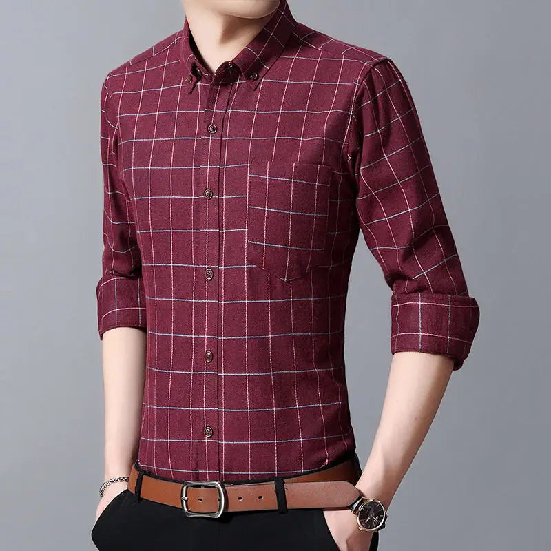 Новая коллекция модных осенних свитеров Для мужчин одежда Slim Fit Для мужчин рубашка с длинными рукавами Для мужчин клетчатая хлопковая Повседневное Для мужчин рубашка социальных размера плюс M-5XL - Цвет: DS219red