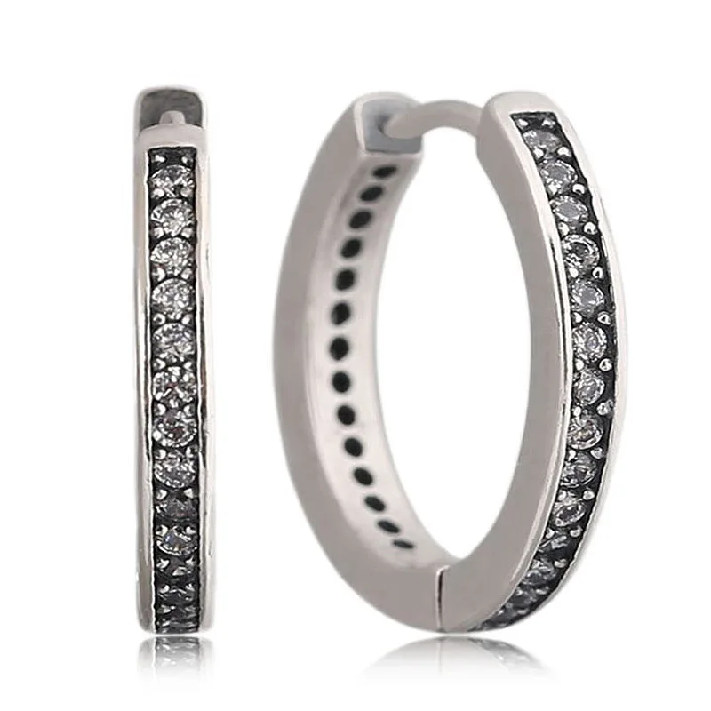 

Authentic 925 Sterling Silver Earring Signature Hoop With Crystal Studs Earrings For Women Wedding Gift Fine Europe Jewelry