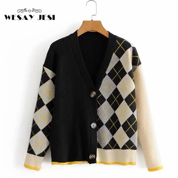 

Cardigan women 2020 new womens sweater fashion Splicing plaid V-neck cardigan sweater elegant ladies wild Tops sweaters coat