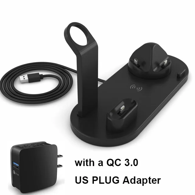 Black with US PLUG 4 в 1 Беспроводное зарядное устройство для iPhone X Xs Max XR 8 QI быстрая зарядная док-станция для Airpod Android смартфон подставка для Apple Watch - Тип штекера: Black with US PLUG