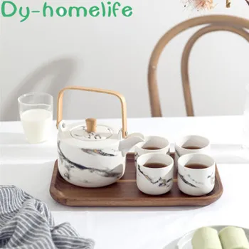 

Nordic Phnom Penh Marble Pattern Wood Tray Ceramic Coffee Tea Set Household Bone China Coffee Pot Cup Set Coffee Set