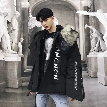

Winter New Jacket Men Warm Thick Fashion Letters Printed Casual Fur Collar Hooded Coat Man Streetwear Wild Loose Male Clothes