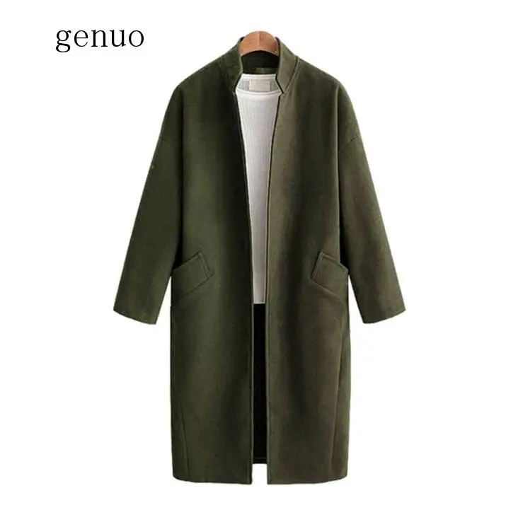 Genuo New Woolen Coat Female Mid-Long Casual Women Solid Warm Slim Turn-down Collar Cardigan Coat Outerwear Winter Clothing New