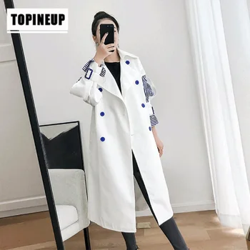 

2019 Spring Autumn Women New Stylish Striped patchwork patchwork trench coat Mid-length over-the-knee windbreaker with belt