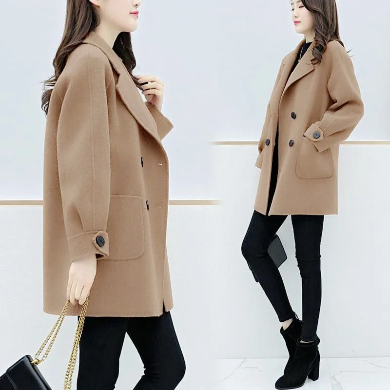 Khaki Vangull, Женское шерстяное пальто, зима-осень, однобортное, длинное, шерстяное пальто, одноцветное, с отложным воротником, свободное, корейские, женские куртки, Outerewar - Цвет: Khaki