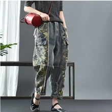 Весенние женские джинсы с эластичной резинкой на талии, свободные ретро джинсовые штаны, новые повседневные женские джинсовые брюки с комбинированным карманом, подходящие ко всему