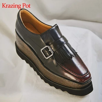 

Krazing Pot new cow leather slip on vintage buckle fasteners waterproof high heel square toe increased gradient winter pumps L33