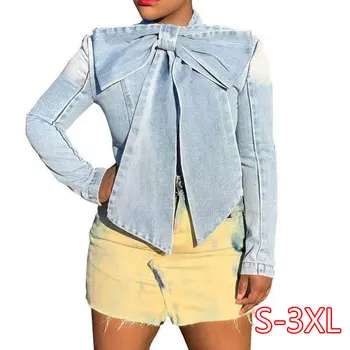 

Vintage Jeans Blouses Tops Plus Size Women Bow Tie Single Breasted Fashion Denim Blouse Female Casual Buttons Long Sleeve Shirts