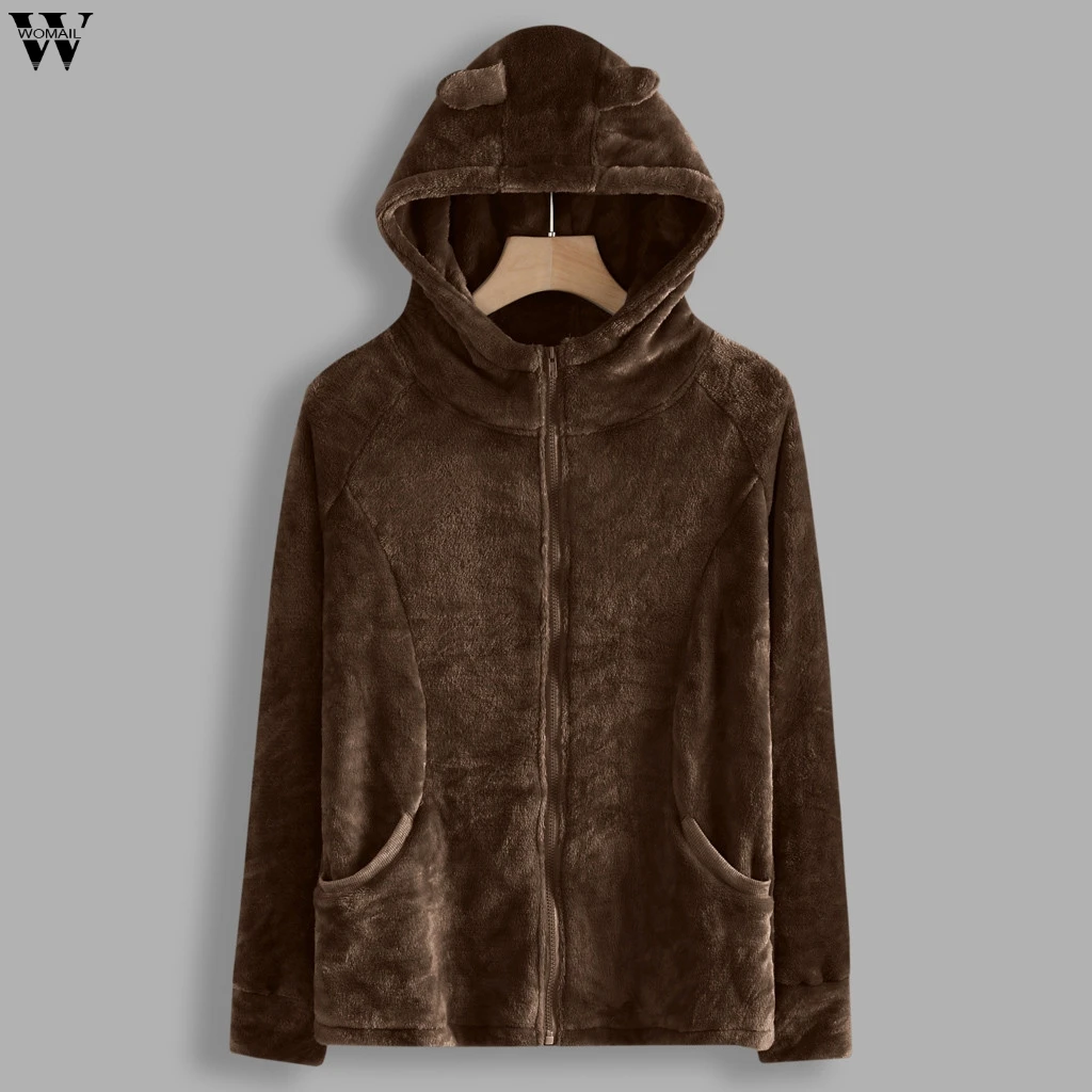 

Women Solid Color Coat Thicken Soft Fleece Winter Autumn Warm Jacket Hooded Zipper Overcoat Female Fashion Casual Outwear Coat 8