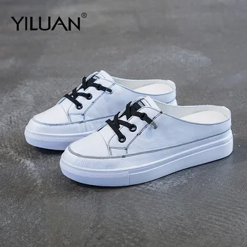 

Leather Half Drag Female Student 2020 Summer Thin Section Increased Without Heel Mueller Lazy One Pedal Casual Small White Shoes