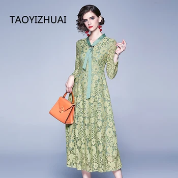 

summer new arrival high street style midi lace dress v neck full sleeves bow mid calf women dress evening party dress