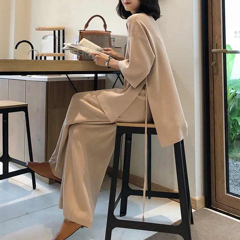 

HAMALIEL Spring Autumn Solid Knitted Tracksuits Women Loose Split Sweater Tops 2 Pices Pant Suits + Wide Leg Trousers Suits