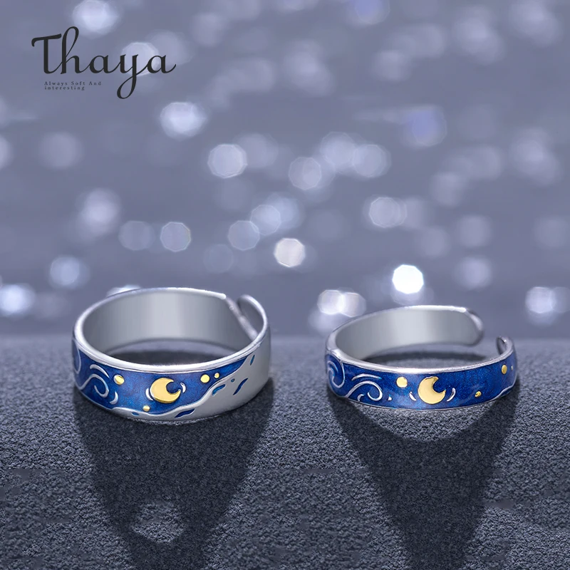 Skup Thaya oryginalna Van gogha emalia pierścionki biżuteria 925 srebrny brokat Deer Sky złoty księżyc gwiazda płótno palec serdeczny romantyczny dla kobiet