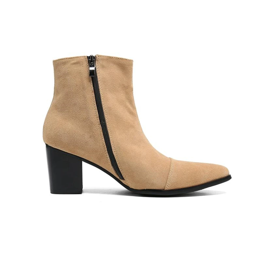 Pointed Toe Suede Leather Dress Boots Men High Heel Fashion Business Vintage Short  Ankle Chelsea Boots
