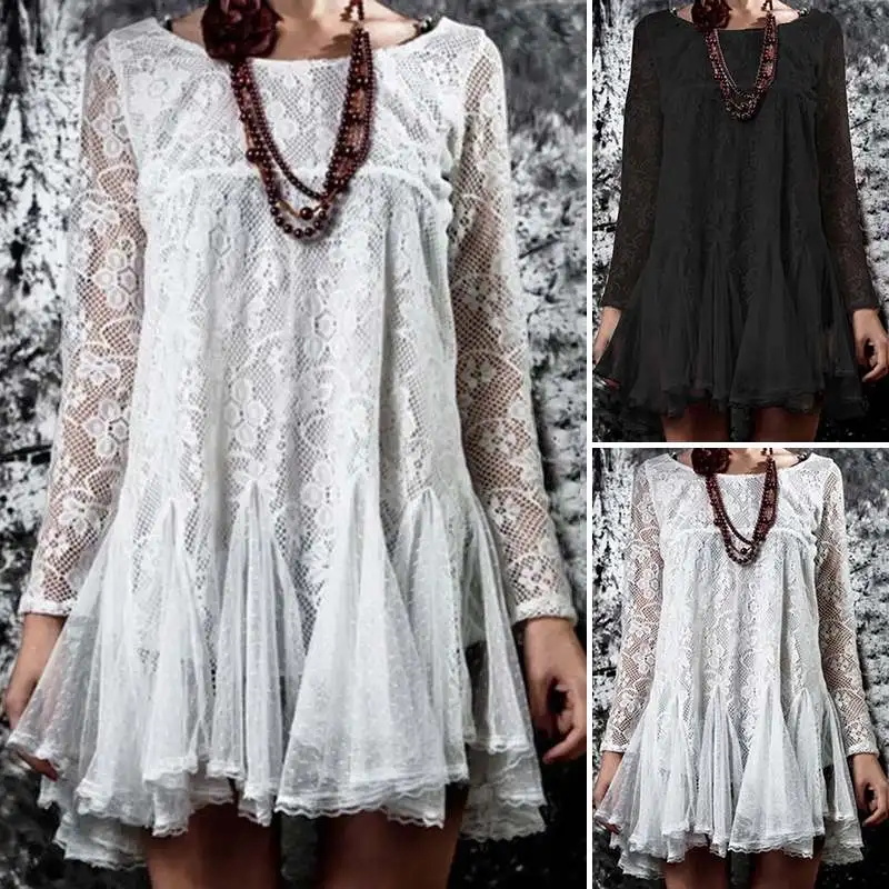 Женская рубашка размера плюс ZANZEA, Vestidos, Весенняя Кружевная туника с оборками, топы с длинным рукавом, богемные вечерние блузки, женские блузки
