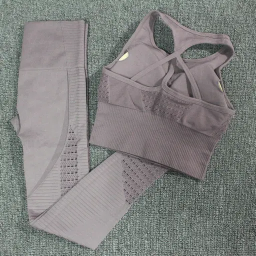 Brown Set Комплект из 2 предметов для йоги, спортивный бюстгальтер без косточек, женские бесшовные леггинсы с высокой талией, спортивный костюм пуш-ап, костюм для фитнеса для тренировки - Цвет: Brown Set