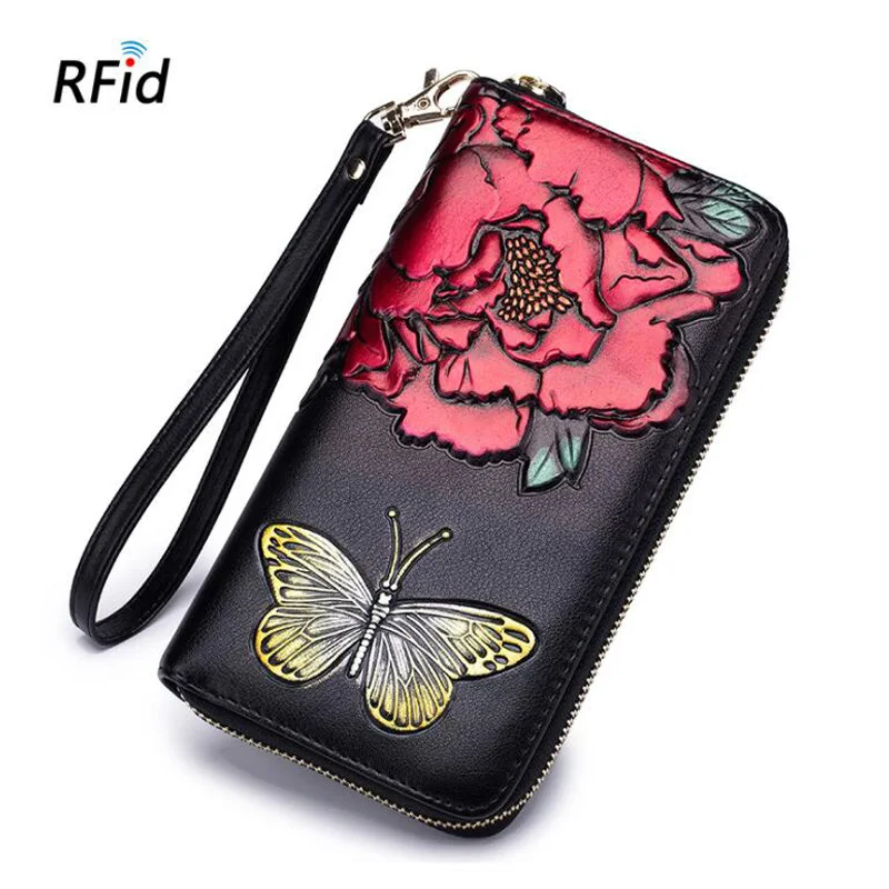 Западный Rfid Buttfly пион ручная роспись кожаный женский Wallt винтажный принт длинный кожаный женский кошелек - Цвет: Red