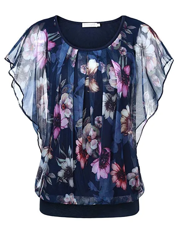 Women Blouse Plus Size Tops Flower Printing O Neck Flare Short Sleeve Casual Top Double Layer Tops Ladies Blouse 