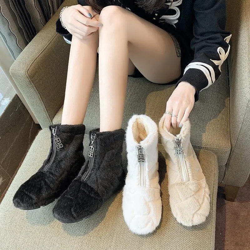New Winter Cotton Boots Women's Fur Short Boots Soft Bottom Comfort Front Zipper Mink Fur Snow Boots Slip On Women Boots Fashion