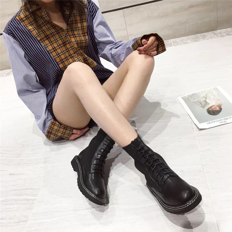 

Lace Up Shoes Women Boots Winter Booties Ladies Bootee Woman 2019 Low Heels booties Round Toe Ankle Rock Autumn Rubber Rome