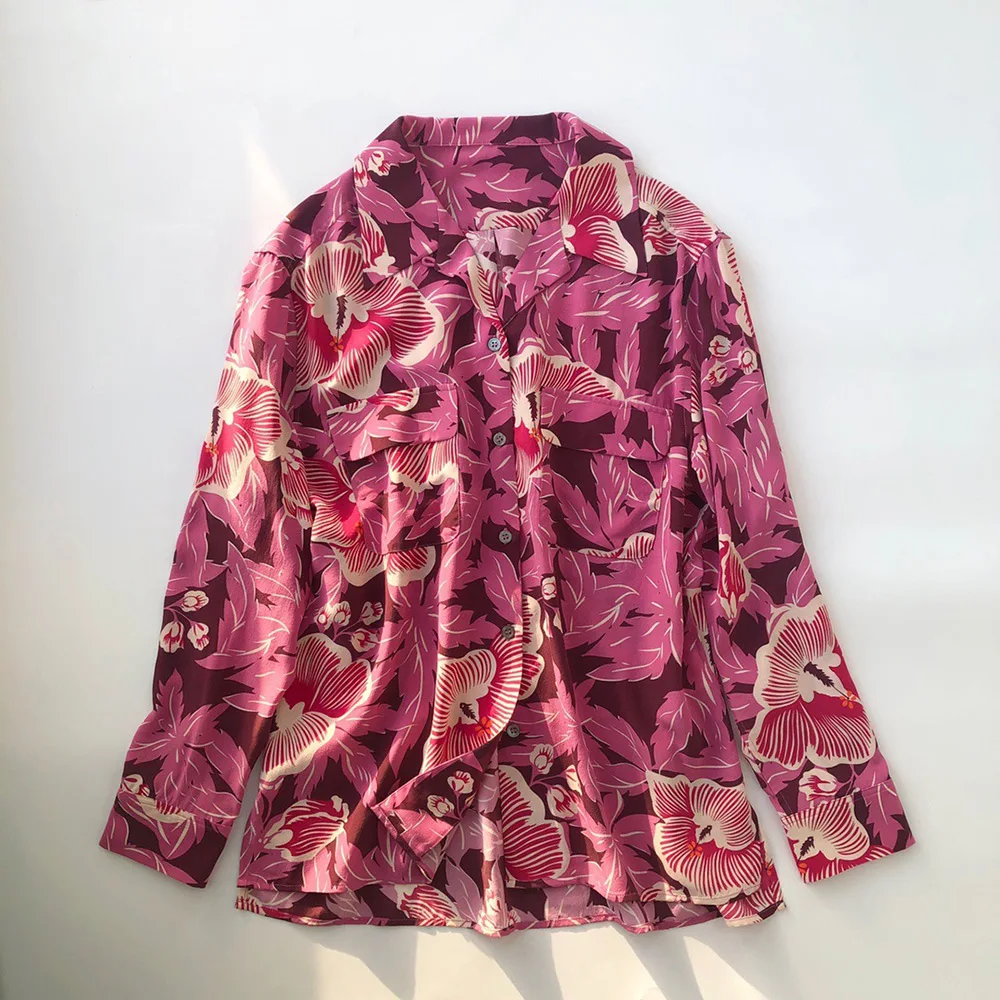 Women High Quality Silk Notched Long Sleeve Floral Printing Blouse Shirt 2
